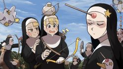 &gt;_&lt; 6+girls :d :t ^_^ adjusting_eyewear aiming angry animal animal_on_head apple apple_core arrow_(projectile) arrow_in_body arrow_in_head bird bird_on_head blonde_hair blue_eyes bow_(weapon) brown_hair bug bush chicken clinging closed_eyes clumsy_nun_(diva) commentary diva_(hyxpk) duck eating english_commentary envelope eyewear_lift fly food forehead frog froggy_nun_(diva) fruit glasses glasses_nun_(diva) grey_hair habit hand_on_another&#039;s_shoulder hand_on_eyewear hiding highres holding holding_bow_(weapon) holding_envelope holding_weapon hungry_nun_(diva) insect leaf little_nuns_(diva) mole_(animal) multiple_girls nervous_sweating nun object_on_head object_through_head on_head open_mouth outdoors quiver red_hair riding scared shaded_face sheep_nun_(diva) shiny_forehead sign sky slice_of_life smile spicy_nun_(diva) spread_wings star_(symbol) star_nun_(diva) sweat sweatdrop target tongue tongue_out toy traditional_nun trashcan_lid weapon x yellow_eyes