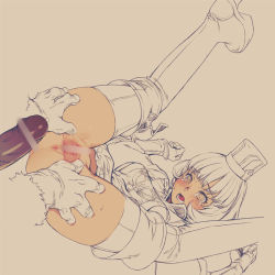 1girl anus blush bottomless branch_(blackrabbits) censored eyebrows female_guard_(tree_of_savior) hat hetero high_boots hogma_fighter_(tree_of_savior) imminent_rape imminent_penetration legs_up monster open_mouth penis pussy rape scared short_hair simple_background spread_legs spread_pussy tagme tears thighhighs tree_of_savior