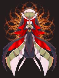 black_background bob_cut colored_skin creatures_(company) cross cross_necklace dress game_freak gardevoir gen_3_pokemon green_hair green_skin highres jewelry kinunuko multicolored_skin necklace nintendo nun pokemon pokemon_(creature) red_eyes signature two-tone_skin white_dress white_skin