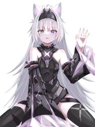 1girl ahoge mismatched_irises bare_shoulders black_dress black_hairband black_sleeves blue_eyes bright_pupils cross-shaped_pupils detached_sleeves dress fang grey_hair hairband heterochromia highres ling_yi_i long_hair no._21:_feral_scent_(pgr) no._21_(pgr) open_mouth punishing:_gray_raven ringed_eyes sidelocks sleeves_past_fingers sleeves_past_wrists symbol-shaped_pupils very_long_hair white_background white_pupils wide_sleeves