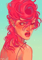 1girl bare_shoulders commentary commentary_request green_eyes grey_background highres italian_commentary jojo_no_kimyou_na_bouken looking_at_viewer medium_hair one_eye_closed parted_lips pink_hair red_lips rur_el signature simple_background solo teeth trish_una vento_aureo wavy_hair