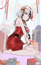 Rule 34 | 1girl, absurdres, barefoot, bell, black hair, black nails, christmas present, dress, feet, fur-trimmed dress, fur trim, gift, hair bell, hair ornament, hat, highres, hololive, hololive english, indoors, kurochanai, looking at viewer, multicolored hair, neck bell, red dress, red hat, red ribbon, ribbon, santa costume, santa dress, santa hat, seiza, shiori novella, sitting, solo, split-color hair, star (symbol), star hair ornament, stuffed toy, two-tone hair, virtual youtuber, white hair, wristband, yellow eyes