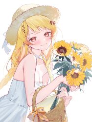 1girl alternate_hairstyle basket blonde_hair blush braid breasts choker cleavage dress flower flower_basket fortissimo hair_flower hair_ornament hat highres holding holding_basket hololive hololive_dev_is long_hair looking_at_viewer marimo_ke musical_note musical_note_hair_ornament o-ring o-ring_choker otonose_kanade red_eyes simple_background small_breasts smile solo straw_hat sunflower twin_braids virtual_youtuber white_background white_dress