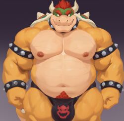 1boy armlet bara bare_pectorals belly biceps black_male_underwear bowser bracelet bulge chinese_commentary closed_mouth collar commentary_request fangs fangs_out furry furry_male highres horns jewelry looking_at_viewer male_focus male_underwear mario_(series) muscular muscular_male navel nintendo nipples pectorals plump qigiuqi_jiu red_hair smile spiked_armlet spiked_bracelet spiked_collar spiked_shell spikes topless_male underwear