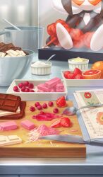 Rule 34 | baking, cake, candy, character doll, chocolate, chocolate bar, commentary, cooking pot, cutting board, fate/grand order, fate (series), flower, food, food focus, fruit, grapefruit, knife, lady yu doll, mixing bowl, no humans, official art, paper, poppy (flower), raspberry, red flower, shimizu yako, spoon, still life, strawberry, strawberry slice, third-party source, utensil, white chocolate