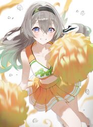 1girl alternate_costume bare_shoulders black_bow black_hairband blue_eyes blue_pupils bow breasts cheerleader cleavage collarbone commentary firefly_(honkai:_star_rail) gradient_hair green_hair grey_hair hair_between_eyes hair_bow hairband highres honkai:_star_rail honkai_(series) light_blush long_hair looking_at_viewer medium_breasts midriff multicolored_hair navel orange_skirt pom_pom_(cheerleading) senriyama shoes skirt smile sneakers solo sweat white_shoes