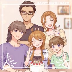 Rule 34 | 2girls, 3boys, ahoge, birthday, birthday cake, black shirt, blue eyes, blue nails, blue shirt, blush, brown hair, cake, closed eyes, closed mouth, family, food, glasses, green shirt, hand up, happy birthday, highres, idolmaster, idolmaster million live!, idolmaster million live! theater days, indoors, long hair, long sleeves, looking at viewer, mature female, mature male, multiple boys, multiple girls, nail polish, open mouth, shirt, short hair, short sleeves, smile, tokoro megumi, tokoro megumi&#039;s father, v, w, wkm ko6