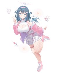 1girl absurdres ahoge amano_nene_(vtuber) ankle_boots bandaid bandaid_hair_ornament black_choker blue_eyes blue_hair boots braid breasts chest_harness choker cleavage_cutout clothing_cutout deyui fishnet_pantyhose fishnets hair_ornament hair_rings halo harness heart heart_ahoge heart_cutout heart_halo high-waist_skirt high_heel_boots high_heels highres huge_breasts indie_virtual_youtuber jacket leotard leotard_under_clothes looking_at_viewer mini_wings off_shoulder official_alternate_costume open_clothes open_jacket pantyhose pink_halo pink_jacket pink_shoes pleated_skirt ribbed_leotard round_eyewear second-party_source shoes simple_background single_braid skirt sleeveless solo thigh_strap two-tone_skirt v virtual_youtuber white_background white_leotard wing_hair_ornament wings