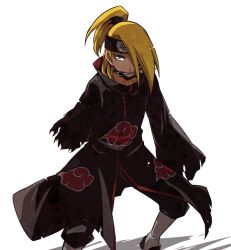 Rule 34 | 1boy, akatsuki uniform, amputee, blonde hair, blue eyes, deidara (naruto), double amputee, forehead protector, full body, kunai, long hair, long sleeves, looking at viewer, male focus, mouth hold, naruto (series), naruto shippuuden, ninja, simple background, solo, weapon, white background, yosakuh