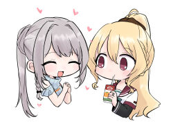 2girls ^_^ aqua_bow aqua_bowtie bare_shoulders black_bow black_scrunchie black_sleeves blonde_hair blue_sweater blush bow bowtie box braid chibi closed_eyes clothing_cutout commentary_request cropped_torso drinking drinking_straw flower flower_necklace food frilled_sleeves frills fruit grey_hair hair_between_eyes hair_bow hair_bun hair_intakes hair_ornament hair_scrunchie happy heart high_ponytail highres holding holding_box interlocked_fingers jewelry juice_box kamihama_university_affiliated_school_uniform layered_sleeves light_blush long_hair long_sleeves looking_at_another magia_record:_mahou_shoujo_madoka_magica_gaiden mahou_shoujo_madoka_magica multiple_girls nape_braid necklace open_mouth orange_(fruit) own_hands_clasped own_hands_together ponytail red_sailor_collar ring sailor_collar school_uniform scrunchie shirt short_over_long_sleeves short_sleeves shoulder_cutout side_braid simple_background single_braid single_hair_bun smile sweater togame_momoko turtleneck turtleneck_sweater ultimate_magnum very_long_hair white_background white_shirt yakumo_mitama yuri