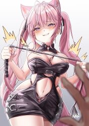1girl absurdres animal_ears bare_shoulders black_dress blush breasts cleavage cowboy_shot dress gradient_background grey_background hakui_koyori highres hokorimokkori holding holding_whip hololive large_breasts long_hair navel pink_hair pink_tail pov purple_eyes revealing_clothes simple_background solo_focus tail twintails virtual_youtuber wolf_ears wolf_girl wolf_tail