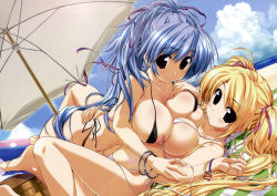 2girls absurdres barefoot beach beach_umbrella bikini blonde_hair blue_hair bracelet breast_press breasts day feet female_focus girl_on_top green_eyes hair_ribbon highres hug huge_breasts jewelry long_hair micro_bikini mitsumine_minato multiple_girls nipple_slip nipples oshiki_hitoshi outdoors puffy_nipples ribbon suzunone_seven swimsuit symmetrical_docking takatori_yuzuri twintails umbrella very_long_hair wardrobe_malfunction wet