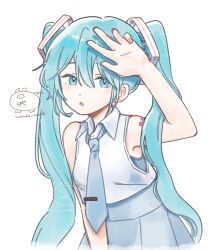 1girl absurdres aqua_eyes aqua_hair aqua_necktie artist_logo bare_arms bare_shoulders blue_skirt commentary hair_ornament hand_up hatsune_miku highres logo long_hair looking_at_viewer necktie number_tattoo open_mouth pleated_skirt shading_eyes skirt sleeveless solo tattoo twintails very_long_hair vocaloid wandu_mook