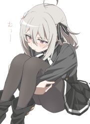 1girl ahoge black_boots black_pantyhose black_shirt black_skirt blush boots breasts grey_hair hair_between_eyes hair_ribbon highres large_breasts lily_(spy_kyoushitsu) pantyhose pout purple_eyes ribbon shirt short_hair simple_background sincos sitting skirt solo spy_kyoushitsu translation_request white_background