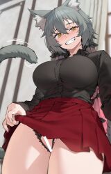 1girl absurdres animal_ear_fluff animal_ears bar_censor black_ribbon black_shirt blush breasts cat_ears cat_girl cat_tail censored clothes_lift collared_shirt commentary_request commission cowboy_shot crotchless crotchless_panties gradient_hair grey_hair grin hair_between_eyes hair_ribbon highres jjune korean_commentary large_breasts lingerie long_hair looking_at_viewer low_twintails multicolored_hair open_mouth original panties pink_hair pixiv_commission pleated_skirt red_skirt ribbon second-party_source shirt skirt skirt_lift smile solo tail teeth thighs twintails underwear yellow_eyes