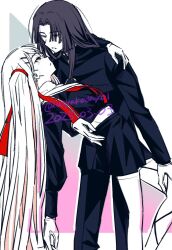1boy 1girl arm_around_back arm_around_shoulder atyakodayo1 black_hair black_jacket black_pants black_serafuku crying crying_with_eyes_open curtained_hair feet_out_of_frame gakuran geminism gradient_background hair_ribbon hand_on_another&#039;s_thigh highres hirosoma_shinku imminent_kiss jacket light_smile long_hair long_sleeves looking_at_another midriff neckerchief pants parted_lips pink_background red_neckerchief red_ribbon ribbon school_uniform serafuku standing tears triangle_background tsukishiro_tsukishiro very_long_hair white_background white_hair