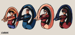 1girl 3boys black_gloves blue_bodysuit blue_shorts bodysuit brown_hair chakkrx crossover dc_comics disney elastigirl eye_mask fantastic_four gloves goggles hat highres marvel matching_pose monkey_d._luffy multicolored_hair multiple_boys one_piece pixar plastic_man red_bodysuit red_vest reed_richards short_hair shorts simple_background smile straw_hat stretching superhero_costume teeth the_incredibles two-tone_hair vest