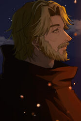 Rule 34 | 1boy, beard, blonde hair, chi.: chikyuu no undou ni tsuite, coat, facial hair, from side, highres, kuru 8080, male focus, mustache, night, nowak (chi.), orange eyes, outdoors, profile, red coat, short hair, solo
