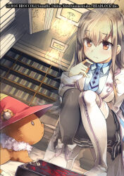 1girl black_pantyhose black_skirt blue_necktie book bookshelf boots brown_eyes dress emil_chronicle_online frilled_skirt frills kamishibaiya_iris logo long_hair miya_kazutomo necktie official_art pantyhose skirt stuffed_animal stuffed_toy teddy_bear thigh_boots translucent white_boots white_dress white_hair
