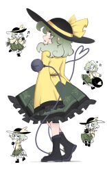 Rule 34 | 1girl, absurdres, ay606078, black boots, black hat, boots, buttons, closed eyes, collared shirt, commentary request, diamond button, eyeball, floral print, frilled skirt, frilled sleeves, frills, green eyes, green hair, green skirt, hat, hat ribbon, heart, heart of string, highres, komeiji koishi, long sleeves, looking at viewer, looking back, multiple views, musical note, one eye closed, open mouth, print skirt, ribbon, rose print, shirt, skirt, smile, third eye, touhou, wide sleeves, yellow ribbon, yellow shirt