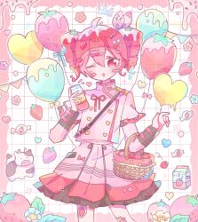1girl 8_kusa ;o ahoge animal balloon bottle bow buttons candy commentary cow cream cream_on_hair drill_hair flower food food-themed_hair_ornament fruit hair_bow hair_ornament heart heart_balloon heart_button holding holding_bottle jacket kasane_teto kasane_teto_(sv) milk_carton one_eye_closed open_mouth pink_background pink_bow pink_eyes pink_hair pink_jacket pink_skirt pink_trim rose shoulder_belt skirt solo strawberry synthesizer_v twin_drills upper_body utau