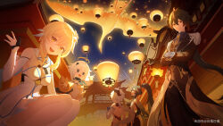 1boy 4girls absurdres architecture backless_outfit bai_jiao_hong_hei bare_shoulders bird black_hair black_scarf blonde_hair blue_eyes blue_hair breasts brown_hair colored_inner_hair crane_(animal) crossed_arms detached_sleeves dress east_asian_architecture feather_hair_ornament feathers fireworks flower formal_clothes ganyu_(genshin_impact) genshin_impact goat_horns gradient_hair green_hair hair_between_eyes hair_flower hair_ornament halo hand_up highres horns jacket lantern lantern_festival long_sleeves looking_at_viewer low_ponytail lumine_(genshin_impact) mechanical_halo medium_breasts multicolored_hair multiple_girls necktie night night_sky open_mouth paimon_(genshin_impact) paper_lantern ponytail red-framed_eyewear scarf semi-rimless_eyewear short_hair short_hair_with_long_locks sidelocks signature sky sky_lantern smile suit teeth upper_teeth_only white_dress white_flower white_hair white_necktie white_romper white_scarf xianyun_(genshin_impact) yellow_eyes zhongli_(genshin_impact)