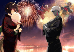 2boys 2girls aerial_fireworks alternate_costume biscione_(fate) black-framed_eyewear black_hair black_kimono blue_eyes blunt_ends boy_vajra_(fate) breasts closed_mouth colored_skin cotton_candy covered_mouth crossed_arms dragon_girl dragon_horns dragon_tail fate/grand_order fate_(series) fireworks floral_print floral_print_kimono food girl_vajra_(fate) glasses green_eyes green_kimono green_sash grey_sash grey_skin holding holding_cotton_candy holding_food horns indra_(fate) ishida_akira japanese_clothes jumping kimono large_breasts lightning_bolt_facial_mark long_hair long_sleeves looking_at_viewer low_twintails multiple_boys multiple_girls night obi obijime okobo open_mouth outdoors pink_eyes pink_kimono pink_sash platform_sandals pointy_ears print_kimono red_eyes sandals sash short_hair short_kimono smile spider_lily_print tail teeth twintails upper_teeth_only white_hair white_horns wide_sleeves yukata