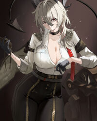 1girl absurdres arm_pouch armband bags_under_eyes black_armband black_choker black_horns black_jacket black_pants black_pouch black_tail breasts choker closed_mouth collared_shirt commentary_request cowboy_shot curled_horns demon_tail grey_hair hair_between_eyes high-waist_pants highres holding holding_pocket_watch horns jacket jacket_on_shoulders large_breasts long_hair looking_at_viewer lune_(illust_lune) mole mole_on_breast multicolored_hair necktie pants pocket_watch red_eyes red_necktie shield shirt shirt_tucked_in solo streaked_hair tail tight_clothes tight_pants undone_necktie watch white_shirt wuthering_waves zani_(wuthering_waves)