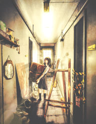 absurdres backlighting black_socks box brown_theme carrying caution_tape cigarette door doorway easel gorilla(1844~) haibane_renmei hair_brush hallway halo highres holding holding_box hook industrial_pipe keep_out kneehighs mirror paintbrush painting_(object) phonograph reki_(haibane) shelf smoking socks solo wings