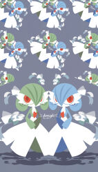 alternate_color blue_hair blue_skin bob_cut character_name colored_skin dress game_freak gardevoir gen_3_pokemon green_hair green_skin grey_background highres meme_(artist) multicolored_skin nintendo orange_eyes pokemon pokemon_(creature) shiny_pokemon two-tone_skin white_dress white_skin