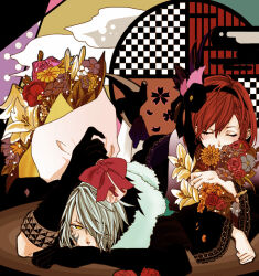 black_hair bouquet brown_eyes closed_eyes facial_tattoo feather_hair_ornament flower gloves hair_ornament hairband high_heels hosokawa_gracia lace-trimmed_sleeves lace_trim leg_up long_sleeves lying multicolored_hair on_stomach one_eye_covered red_hair ribbon sengoku_musou tattoo thighhighs two-tone_hair white_hair