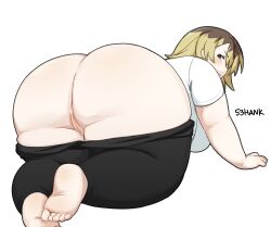 Rule 34 | 1girl, 53hank, all fours, anus, ass, black pants, blonde hair, blue eyes, breasts, brown hair, clothes pull, fat, fat woman, feet, from behind, huge ass, large breasts, looking back, medium hair, multicolored hair, original, pants, pants pull, plump, pussy, shirt, solo, t-shirt, thick arms, thick thighs, thighs, tight clothes, tight pants, white background, white shirt, wide hips, yoga pants