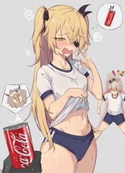 1girl 2boys @_@ afterimage arrow_(symbol) aura bennett_(genshin_impact) blonde_hair blush bow bright_pupils buruma cameltoe can coca-cola collarbone diffraction_spikes dizzy drink_can drooling eyelashes eyepatch fischl_(genshin_impact) genshin_impact giving glowing glowing_eyes goggles goggles_on_head green-tinted_eyewear green_eyes grey_background gym_uniform hair_between_eyes hair_bow half-closed_eyes highres hilichurl_(genshin_impact) holding holding_can kkry99 lifting_own_clothes long_eyelashes long_hair motion_lines multiple_boys navel no_mouth open_mouth red_eyes shaded_face shiny_skin simple_background soda soda_can speech_bubble sweat sweatdrop thought_bubble tinted_eyewear twintails white_pupils