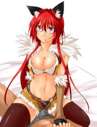 Rule 34 | 1boy, 1girl, animal ear fluff, animal ears, black-framed eyewear, black gloves, blush, breasts, brown gloves, brown shirt, brown shorts, brown thighhighs, bulge, cat ears, cat girl, cleavage, closed mouth, commentary request, cowboy shot, crop top, fingerless gloves, fur-trimmed gloves, fur-trimmed shirt, fur-trimmed shorts, fur trim, girl on top, glasses, gloves, grey male underwear, kaminagi (kaminagi-tei), large breasts, long hair, looking at viewer, male underwear, midriff, navel, nipple slip, nipples, open fly, purple eyes, ragnarok online, red hair, semi-rimless eyewear, shirt, shorts, simple background, sleeveless, sleeveless shirt, smile, sniper (ragnarok online), solo focus, thighhighs, two-tone gloves, two-tone shorts, under-rim eyewear, underwear, white background, yellow shirt, yellow shorts