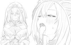 Rule 34 | 1girl, chiro (chirolchoco25), highres, long tongue, monochrome, saliva, sharp teeth, sweat, sweatdrop, tagme, teeth, tongue, tongue out