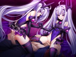Rule 34 | 1boy, 2girls, ahoge, amakubo kaede, amakubo yuri, ass, bare shoulders, black gloves, breasts, buttjob, censored, clothing aside, covered navel, cum, cum on ass, cum on body, cum on clothes, cunnilingus, dark persona, elbow gloves, ffm threesome, game cg, girl on top, gloves, grin, grinding, group sex, hair intakes, hair ornament, hetero, highleg, highleg leotard, holding hands, inoino, interlocked fingers, jacket, kouyoku senki exs-tia, large variant set, layered skirt, leotard, leotard aside, long hair, mosaic censoring, multiple girls, naughty face, non-web source, official art, oral, penis, ponytail, purple background, purple leotard, pussy, pussy juice, red eyes, rextia lili, rextia mei, sex, shihou souma, shimaidon (sex), showgirl skirt, siblings, sisters, sitting, sitting on face, sitting on person, skirt, small breasts, smile, straddling, thigh grab, thighhighs, thong leotard, threesome, twintails, variant set, very long hair, white hair