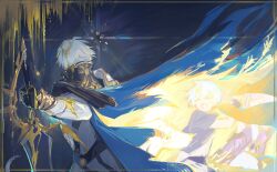 Rule 34 | 2boys, absurdres, back, black gloves, closed eyes, coat, dual persona, gdtbd, gloves, grey hair, highres, holding, holding sword, holding weapon, honkai: star rail, honkai (series), multiple boys, open mouth, phainon (honkai: star rail), short hair, smile, sword, upper body, weapon, white coat, yellow blood