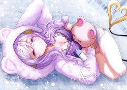1girl absurdres animal_hood baby_bottle babydoll bottle breasts brown_horns cat_hood cleavage closed_mouth demon_girl demon_horns demon_tail dolphin_shorts full_body hashtag-only_commentary highres hood hood_up horns konekoneko_(konekopi) large_breasts long_hair looking_at_viewer lying mole mole_under_mouth nanashi_inc. on_back pointy_ears purple_babydoll purple_eyes purple_hair saionji_mary saionji_mary_(7th_costume) shorts smile solo stuffed_animal stuffed_toy tail teddy_bear upside-down virtual_youtuber white_shorts