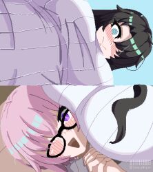 1boy 1girl black_hair blue_eyes blush breast_padding crossdressing embarrassed fate/grand_order fate_(series) frieren_lap_pillow_(meme) from_above from_below fujimaru_ritsuka_(male) glasses hair_over_one_eye highres lap_pillow long_hair mash_kyrielight meme own_hands_together pink_hair pixel_art purple_eyes short_hair shotaalter smile sweater white_sweater