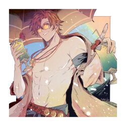 Rule 34 | 1boy, abs, absurdres, belt, cropped legs, cup, curtained hair, drink, drinking straw, fire emblem, fire emblem: three houses, fire emblem heroes, flower, glass, grin, highres, holding, holding cup, jewelry, looking to the side, male focus, nadnf, navel, necklace, nintendo, official alternate costume, one eye closed, orange-tinted eyewear, pectorals, red flower, rimless eyewear, sideways glance, signature, smile, solo, summer, sylvain jose gautier, sylvain jose gautier (summer), teeth, tinted eyewear, topless male, tropical drink, umbrella