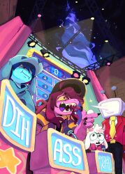 ! 1girl 1other 2boys absurdres ant_tenna black_nails black_pants blue_hair blue_skin bow colored_skin colored_tongue commentary crt curtains deltarune english_commentary family_feud from_below furry furry_female furry_male goat_boy goat_horns green-framed_eyewear highres horns jackgonesilly kris_(dark_world)_(deltarune) kris_(deltarune) long_hair multiple_boys necktie object_head pants pink_eyes pink_hair pink_skin podium pointy_nose purple_tongue ralsei red_bow red_eyes round_eyewear sharp_teeth short_hair sparse_arm_hair stage_curtains stage_lights stifled_laugh susie_(dark_world)_(deltarune) susie_(deltarune) sweat tailcoat teeth yellow_necktie