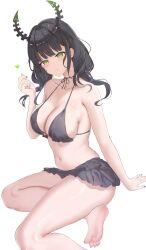 Rule 34 | 1girl, absurdres, alternate costume, azur lane, bare shoulders, bikini, bikini skirt, black bikini, black nails, black rock shooter, blush, breasts, commentary, dead master, dead master (warrior&#039;s respite), english commentary, frilled bikini, frills, green eyes, highres, horns, large breasts, long hair, looking at viewer, navel, simple background, smile, solo, swimsuit, usagi poi, white background