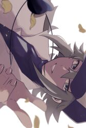 Rule 34 | 1boy, baseball cap, black shirt, commentary, falling leaves, fingernails, garuta01 (daigosan00001), green eyes, green hair, hair between eyes, hat, highres, leaf, looking to the side, male focus, n (pokemon), nintendo, pokemon, pokemon bw, shirt, sideways glance, simple background, smile, solo, teeth, turtleneck, upper body, white background, white shirt