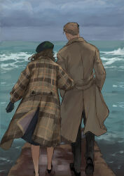1boy 1girl ambulance00 back beret black_dress black_gloves black_pants black_shoes blonde_hair brown_coat brown_hair captain_america_(series) cloud cloudy_sky coat commentary_request day dress facing_away from_behind full_body gloves green_hat hat hetero highres korean_commentary long_sleeves marvel marvel_cinematic_universe ocean outdoors pants peggy_carter plaid_clothes plaid_coat shoes short_hair sky standing steve_rogers waves