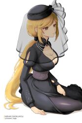1girl black_dress black_pantyhose blonde_hair breasts character_name cleavage closed_mouth clothing_cutout dress funeral_dress funeral_veil hashtag-only_commentary highres jewelry large_breasts long_hair low_ponytail necklace official_alternate_costume official_alternate_hairstyle pantyhose pearl_necklace ponytail shokuhou_misaki sitting solo sparkling_eyes spider_web_print toaru_majutsu_no_index toaru_majutsu_no_index:_genesis_testament twitter_username usubeni veil very_long_hair white_background yellow_eyes yokozuwari