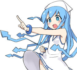 1girl blue_eyes blue_hair blush bracelet bright_pupils commentary cowboy_shot dot_nose dress fusazakura hat highres ikamusume jewelry loli long_hair no_panties open_mouth pointing shinryaku!_ikamusume solo squid_girl squid_hat tentacle_hair tentacles v-shaped_eyebrows white_background white_dress white_pupils wind wind_lift