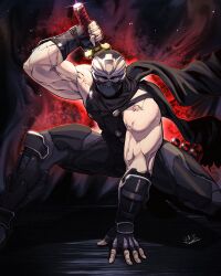 1boy armor artist_request black_scarf dragon_sword drawing_sword fingerless_gloves gloves hand_up highres holding holding_sword holding_weapon katana kunai mask muscular ninja ninja_gaiden ryu_hayabusa scarf solo sword veins veiny_arms weapon