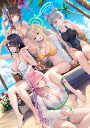 5girls ahoge animal_ear_fluff animal_ears bare_shoulders bead_bracelet beads bikini bikini_under_clothes black_hair blue_archive blue_eyes blue_one-piece_swimsuit blush bow bracelet braid braided_ponytail breasts choker cleavage collarbone colored_inner_hair covered_navel cross_hair_ornament extra_ears eyeliner flower fox_ears fox_girl fox_mask fox_tail green_eyes grey_hair hair_bow hair_flower hair_ornament hair_over_one_eye halo hanako_(blue_archive) hanako_(swimsuit)_(blue_archive) highleg highleg_swimsuit highres hinata_(blue_archive) hinata_(swimsuit)_(blue_archive) hose jacket jewelry large_breasts light_brown_hair long_hair long_sleeves looking_at_viewer low_twintails makeup mask medium_breasts medium_hair multicolored_hair multicolored_swimsuit multiple_girls navel nonomi_(blue_archive) nonomi_(swimsuit)_(blue_archive) one-piece_swimsuit open_clothes open_jacket open_mouth pink_bikini pink_hair ponytail red_eyes red_hair sayika see-through_clothes see-through_jacket shiroko_(blue_archive) shiroko_(swimsuit)_(blue_archive) shirt short_ponytail side_braid sidelocks smile swept_bangs swimsuit tail thighs twintails very_long_hair wakamo_(blue_archive) wakamo_(swimsuit)_(blue_archive) white_bikini white_one-piece_swimsuit white_shirt wolf_ears yellow_bikini yellow_eyes