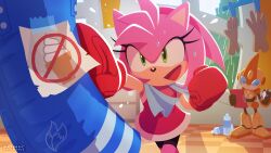1girl amy_rose bottle boxing_gloves checkered_floor clipboard commentary_request dress emerl_(sonic) flying_sweatdrops furry furry_female gloves green_eyes holding holding_clipboard official_art pink_fur punching_bag rain red_dress robot smile sonic_(series) sonic_battle sonic_channel sweat uno_yuuji water_bottle window