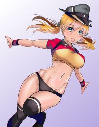 1girl aiuti alternate_costume anchor_hair_ornament aqua_eyes black_thighhighs blonde_hair buruma cowboy_shot crop_top female_focus gradient_background grey_background grey_hat hair_ornament hat highres kantai_collection logo low_twintails midriff multicolored_clothes navel nike_(company) outstretched_arms peaked_cap prinz_eugen prinz_eugen_(kancolle) smile solo sports_bikini thighhighs track_and_field twintails wristband